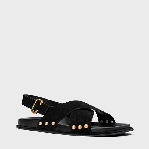 Sandália Papete Statement Studs Couro Suede Preto