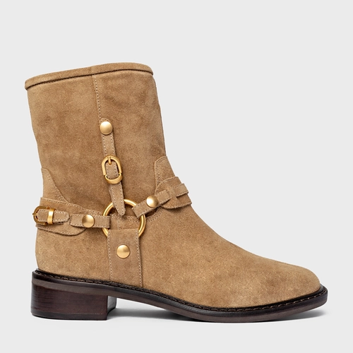 Bota Ring Fivelas Salto Bloco Couro Suede Bege Almond