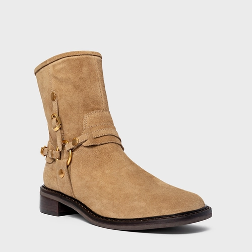 Bota Ring Fivelas Salto Bloco Couro Suede Bege Almond
