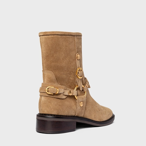 Bota Ring Fivelas Salto Bloco Couro Suede Bege Almond