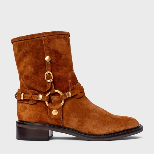 Bota Ring Fivelas Salto Bloco Couro Suede Marrom Ferrugem