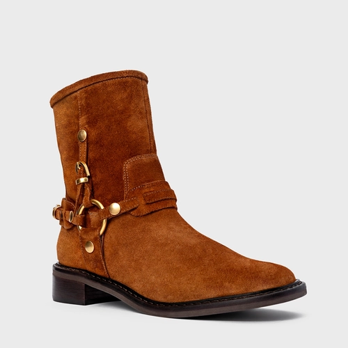 Bota Ring Fivelas Salto Bloco Couro Suede Marrom Ferrugem
