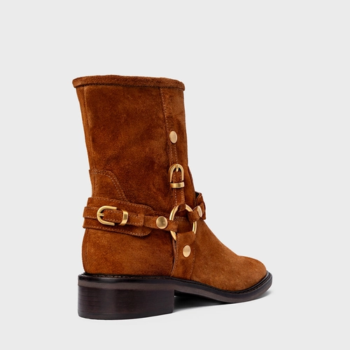 Bota Ring Fivelas Salto Bloco Couro Suede Marrom Ferrugem