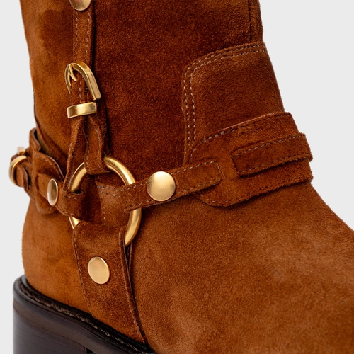 Bota Ring Fivelas Salto Bloco Couro Suede Marrom Ferrugem