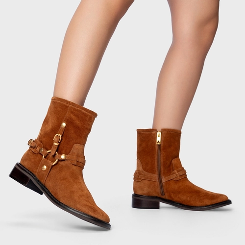 Bota Ring Fivelas Salto Bloco Couro Suede Marrom Ferrugem