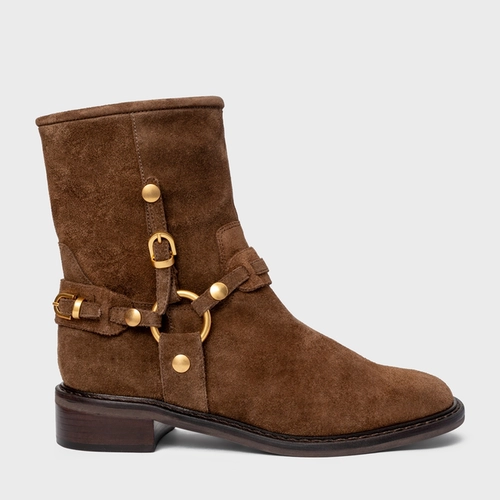 Bota Ring Fivelas Salto Bloco Couro Suede Marrom Brownie