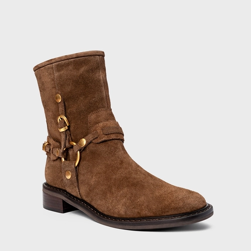 Bota Ring Fivelas Salto Bloco Couro Suede Marrom Brownie