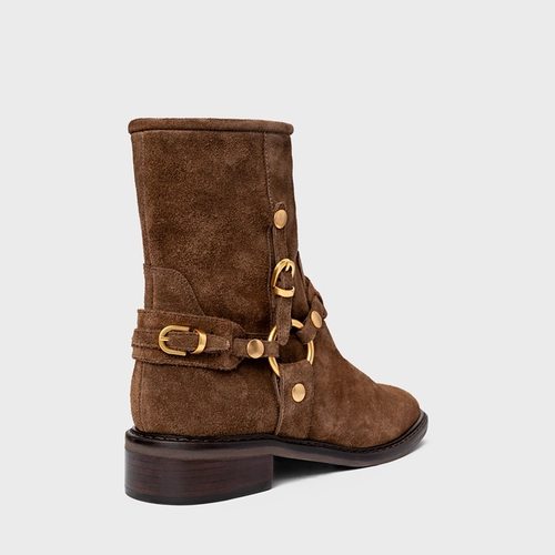Bota Ring Fivelas Salto Bloco Couro Suede Marrom Brownie