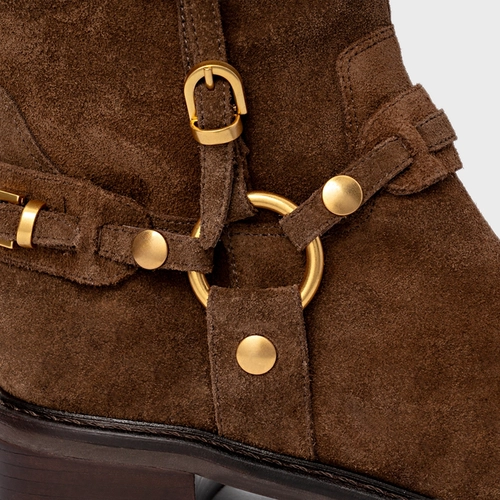 Bota Ring Fivelas Salto Bloco Couro Suede Marrom Brownie