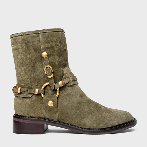 Bota Ring Fivelas Salto Bloco Couro Suede Verde Army Green