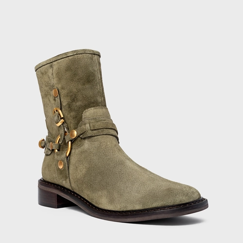Bota Ring Fivelas Salto Bloco Couro Suede Verde Army Green