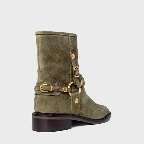 Bota Ring Fivelas Salto Bloco Couro Suede Verde Army Green