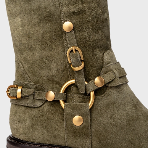 Bota Ring Fivelas Salto Bloco Couro Suede Verde Army Green
