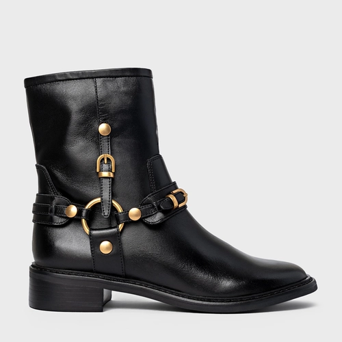 Bota Ring Fivelas Salto Bloco Couro Preto