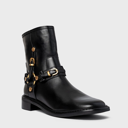 Bota Ring Fivelas Salto Bloco Couro Preto