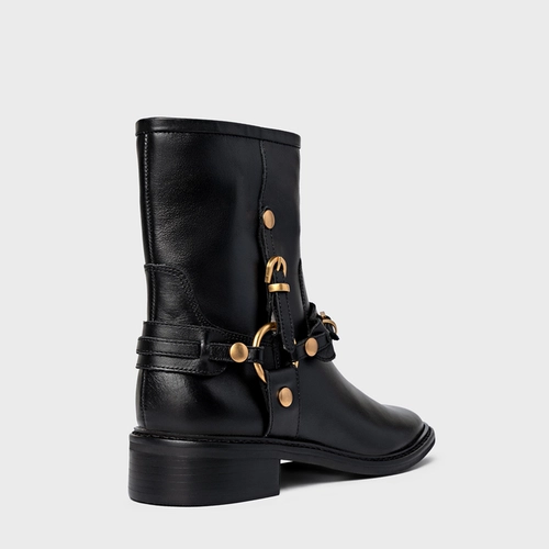 Bota Ring Fivelas Salto Bloco Couro Preto