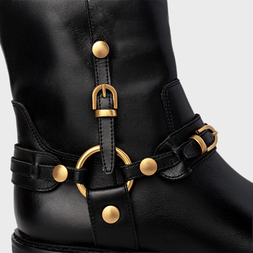 Bota Ring Fivelas Salto Bloco Couro Preto