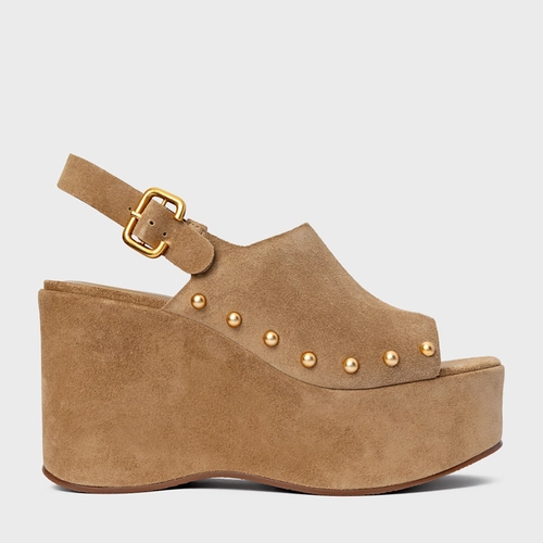 Sandália Statement Studs Maxi Anabela Couro Suede Bege Almond