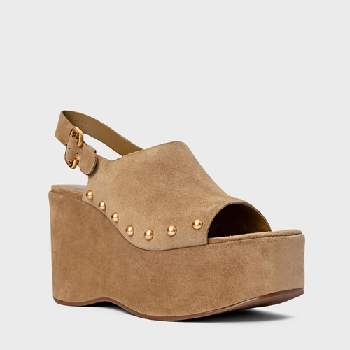 Sandália Statement Studs Maxi Anabela Couro Suede Bege Almond