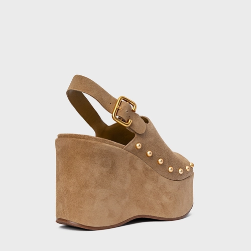Sandália Statement Studs Maxi Anabela Couro Suede Bege Almond