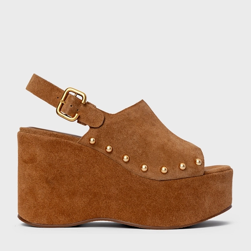 Sandália Statement Studs Maxi Anabela Couro Suede Marrom Sadde