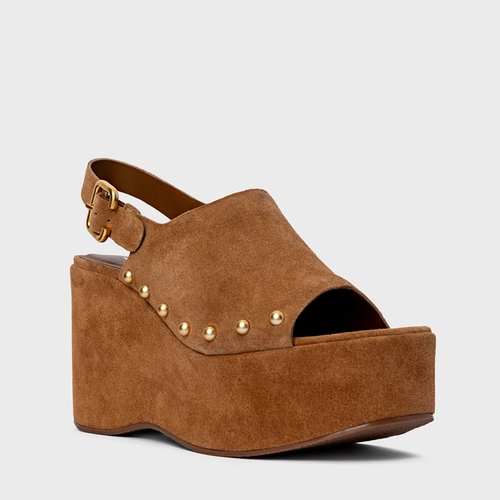 Sandália Statement Studs Maxi Anabela Couro Suede Marrom Sadde