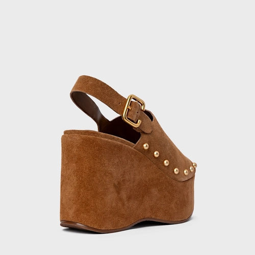 Sandália Statement Studs Maxi Anabela Couro Suede Marrom Sadde