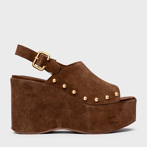 Sandália Statement Studs Maxi Anabela Couro Suede Marrom Brownie