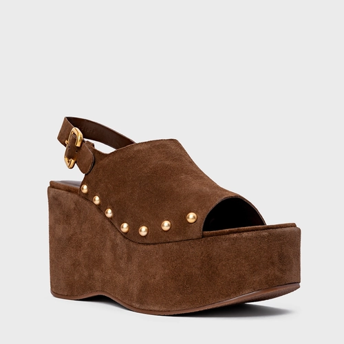 Sandália Statement Studs Maxi Anabela Couro Suede Marrom Brownie