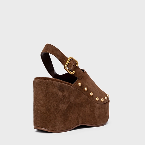 Sandália Statement Studs Maxi Anabela Couro Suede Marrom Brownie