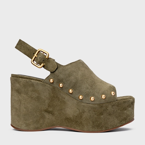 Sandália Statement Studs Maxi Anabela Couro Suede Verde Army Green