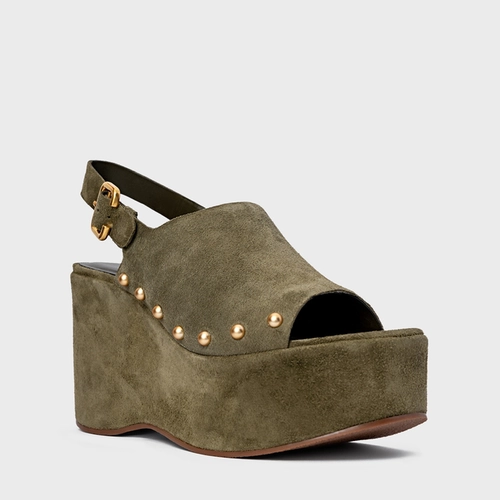 Sandália Statement Studs Maxi Anabela Couro Suede Verde Army Green