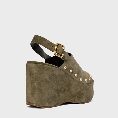 Sandália Statement Studs Maxi Anabela Couro Suede Verde Army Green