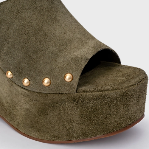 Sandália Statement Studs Maxi Anabela Couro Suede Verde Army Green