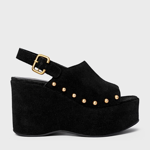 Sandália Statement Studs Maxi Anabela Couro Suede Preto