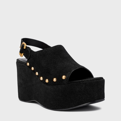 Sandália Statement Studs Maxi Anabela Couro Suede Preto