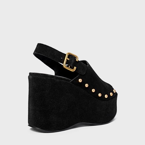 Sandália Statement Studs Maxi Anabela Couro Suede Preto