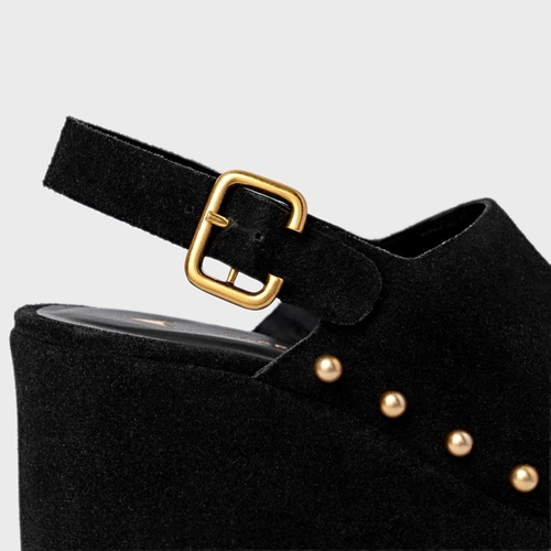 Sandália Statement Studs Maxi Anabela Couro Suede Preto