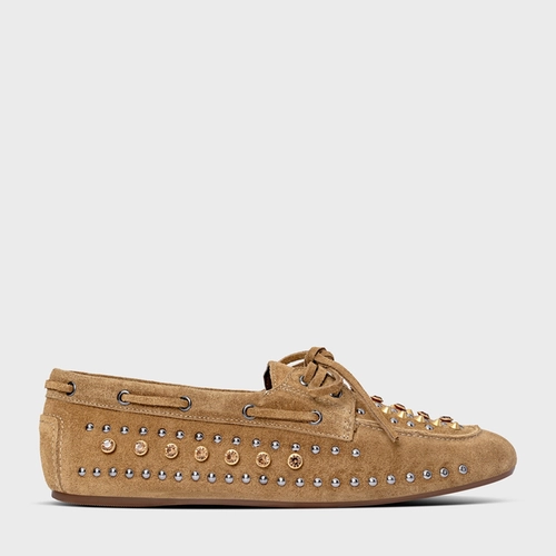 Loafer Dockside Statement Studs Couro Suede Bege Almond