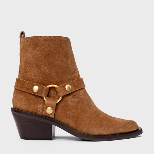 Bota Western Ring Salto Bloco Couro Suede Marrom Saddle