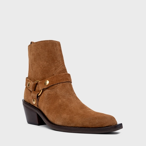 Bota Western Ring Salto Bloco Couro Suede Marrom Saddle