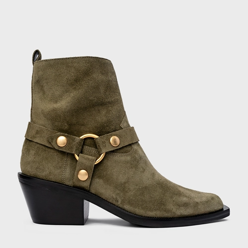 Bota Western Ring Salto Bloco Couro Suede Verde Army Green