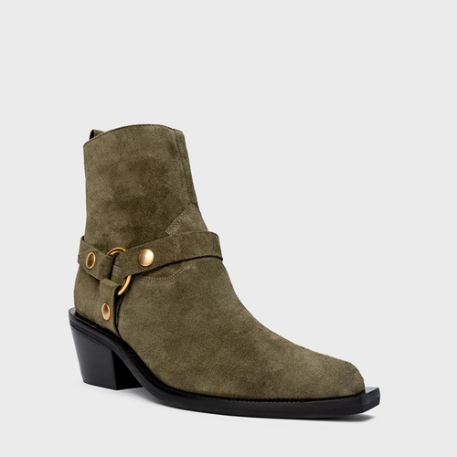 Bota Western Ring Salto Bloco Couro Suede Verde Army Green