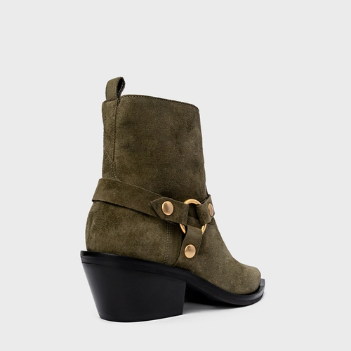 Bota Western Ring Salto Bloco Couro Suede Verde Army Green