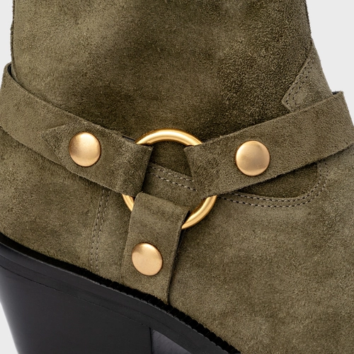 Bota Western Ring Salto Bloco Couro Suede Verde Army Green