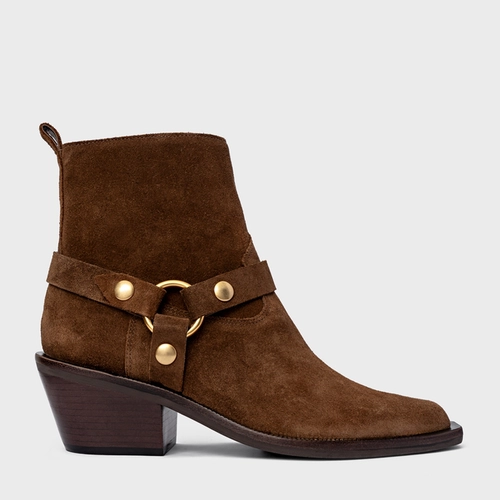 Bota Western Ring Salto Bloco Couro Suede Marrom Brownie