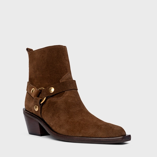 Bota Western Ring Salto Bloco Couro Suede Marrom Brownie
