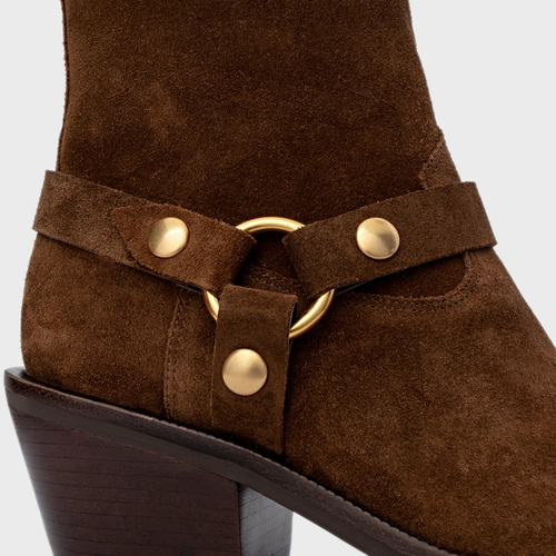 Bota Western Ring Salto Bloco Couro Suede Marrom Brownie