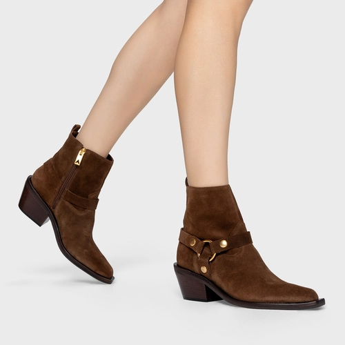 Bota Western Ring Salto Bloco Couro Suede Marrom Brownie