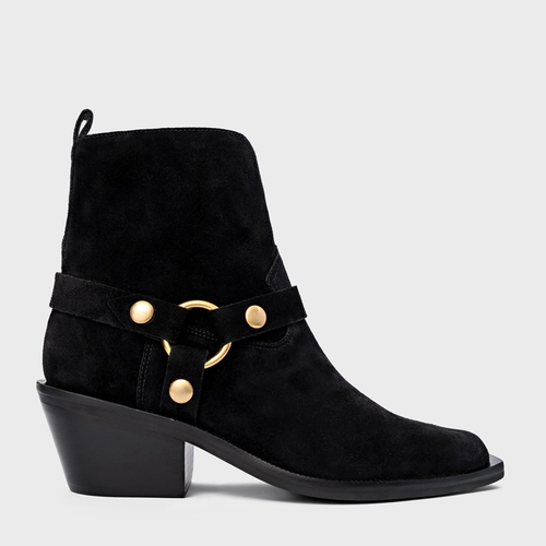 Bota Western Ring Salto Bloco Couro Suede Preto